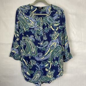 Nine West Top Womens M Blue Paisley Blouse 3/4 Slv Tunic Blouse Boho Hippie